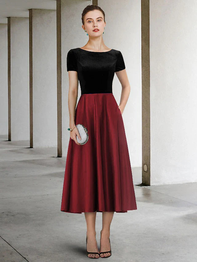 Wholesale A-Line Mother of the Bride Dress Elegant Jewel Neck Tea Length Satin Velvet Short Sleeve with Pleats Color Block